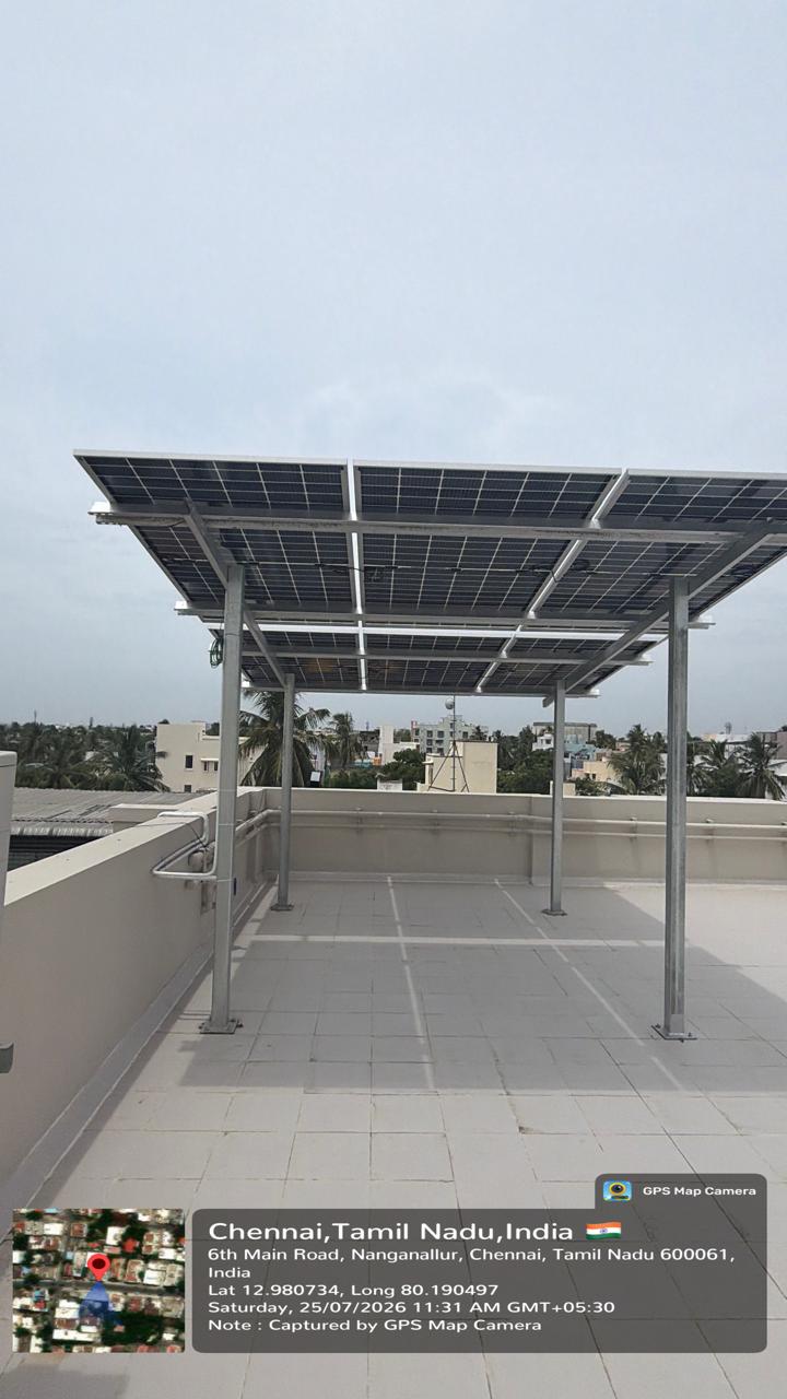 Solar installation at Nanganallur, Chennai — elevated terrace solar canopy.