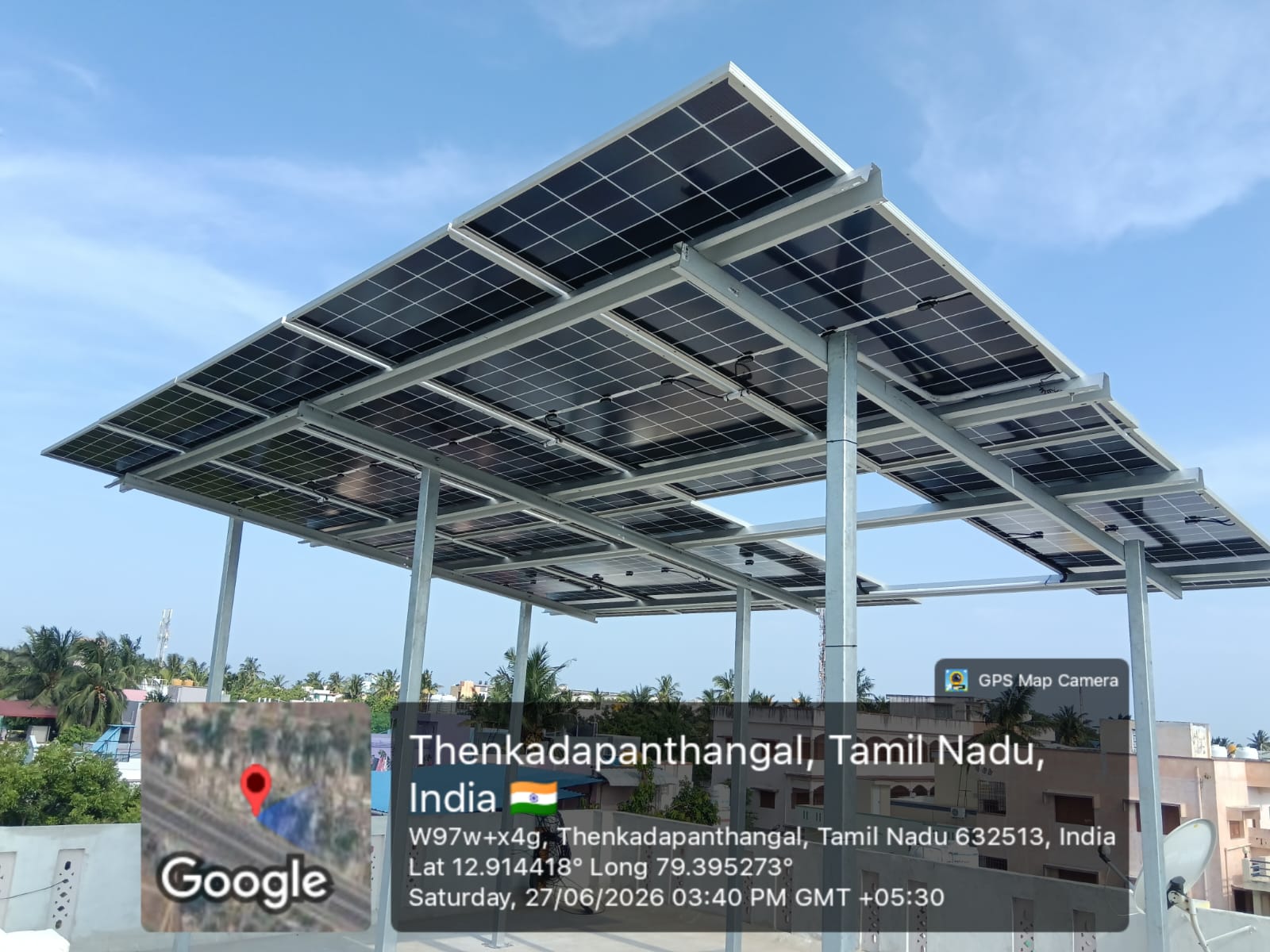 Solar installation at Thenkadapanthangal, Vellore district — large elevated bifacial array.