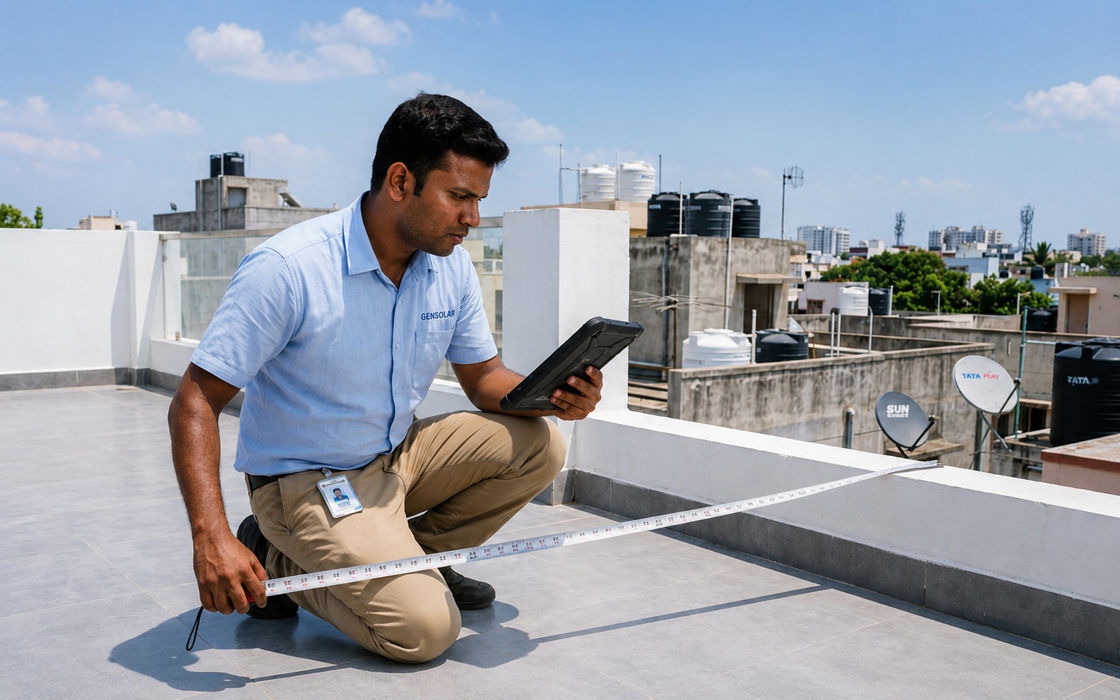 Gensolar engineer measuring a rooftop during a free solar site survey