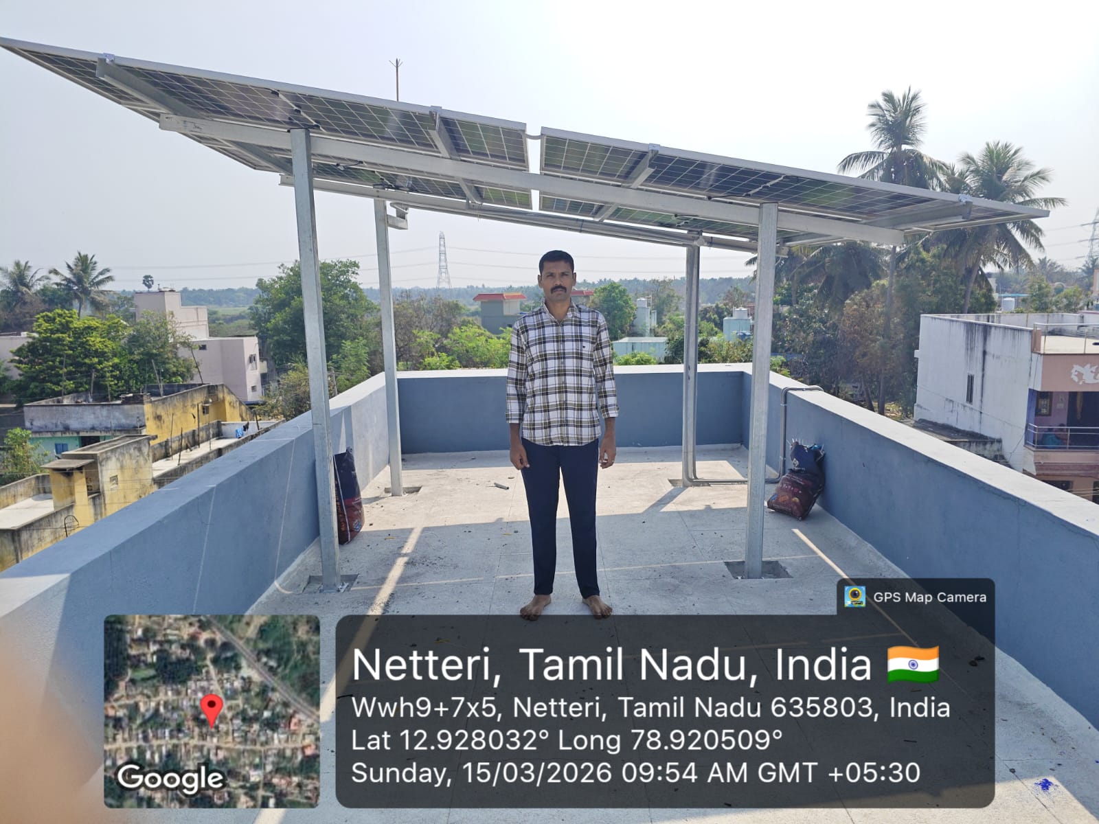 Solar installation at Netteri, Tamil Nadu — elevated terrace canopy array.