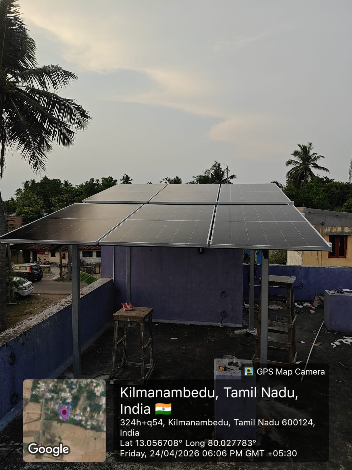 Solar installation at Kilmanambedu — six-panel elevated rooftop array.