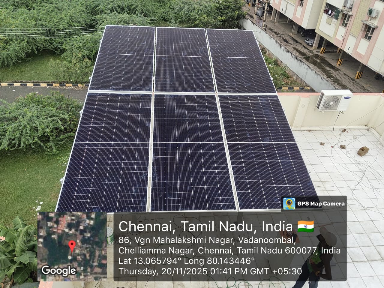 Solar panel installation at Vadanoombal, Chennai, Tamil Nadu — flush terrace array by Gensolar Energy Pvt Ltd.