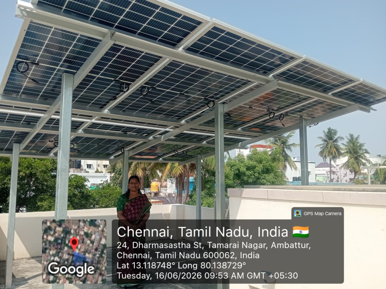 Solar installation at Tamarai Nagar, Ambattur — large elevated rooftop solar canopy.