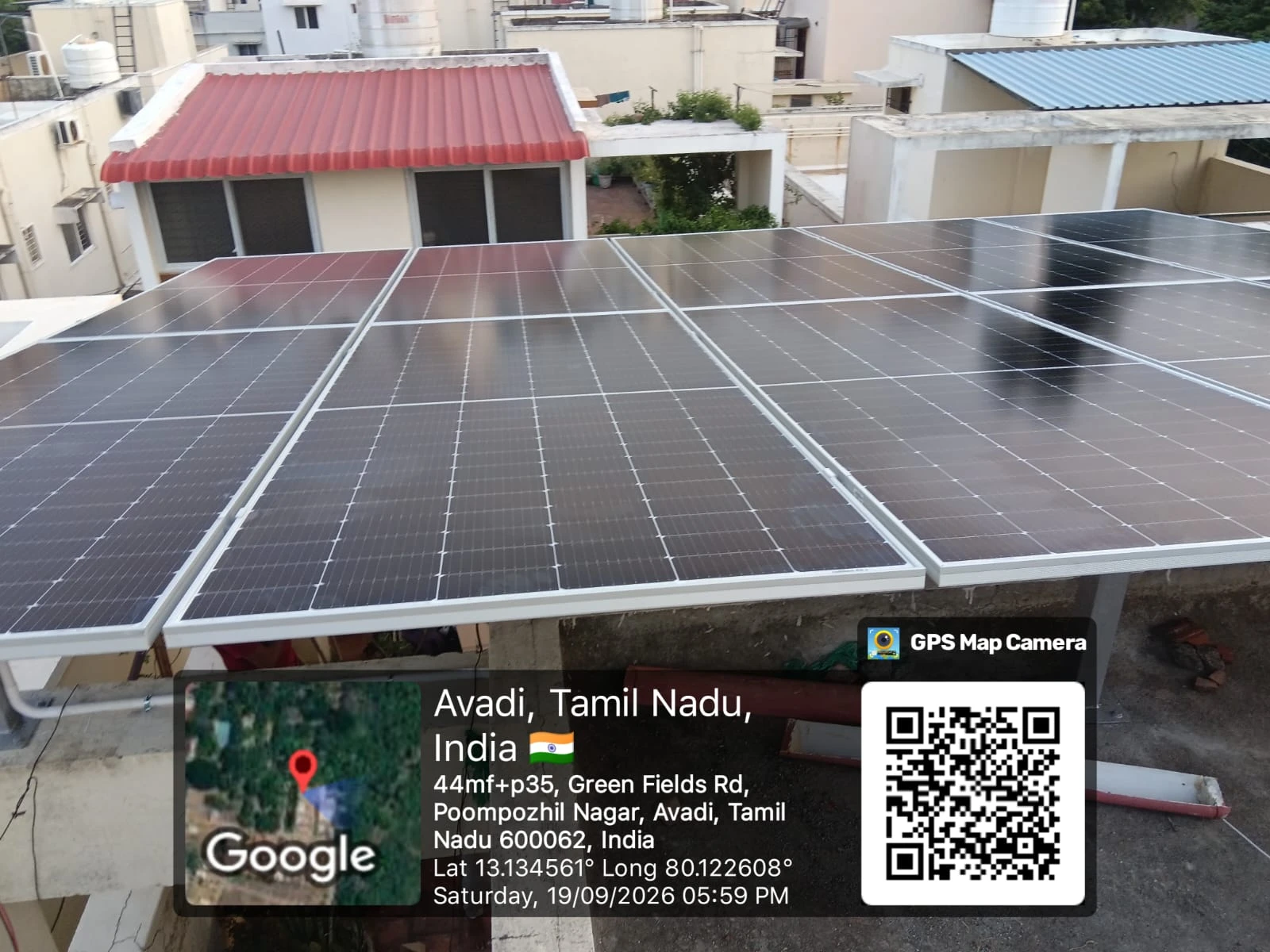 Full rooftop solar panel array at Green Fields Road, Poompozhil Nagar, Avadi, Chennai — home solar panel system installed by Gensolar Energy Pvt Ltd, photographed 19 September 2026.