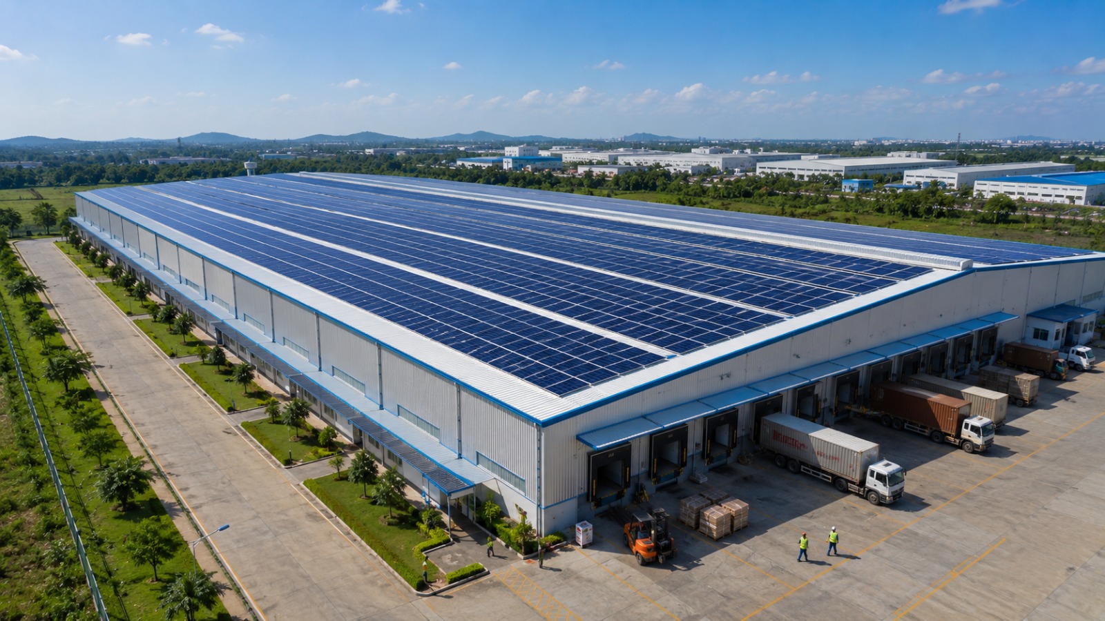 Commercial rooftop solar installation on a warehouse in Tamil Nadu