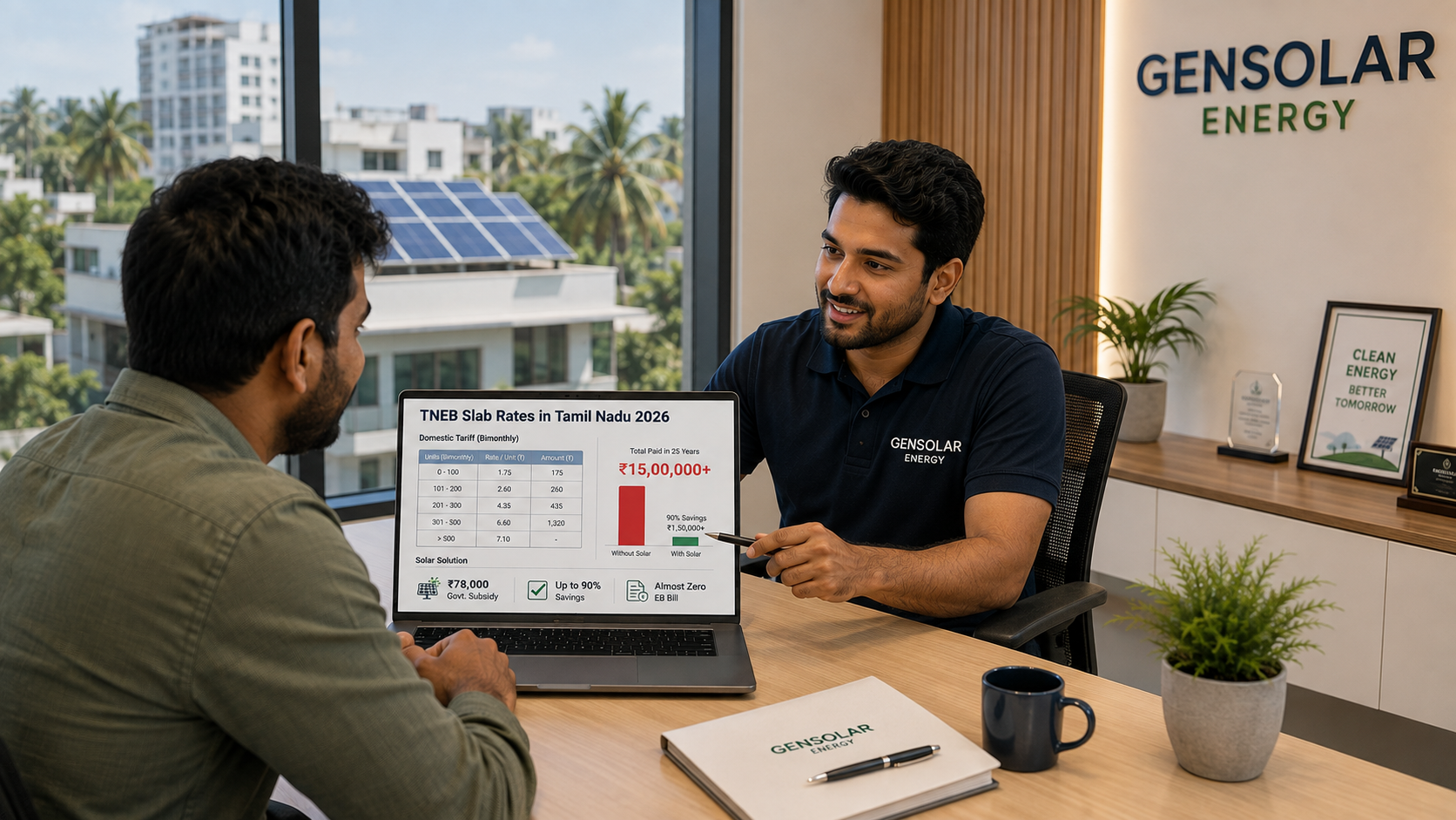 GenSolar Energy advisor explaining TNEB slab rates in Tamil Nadu 2026 and solar savings on a laptop