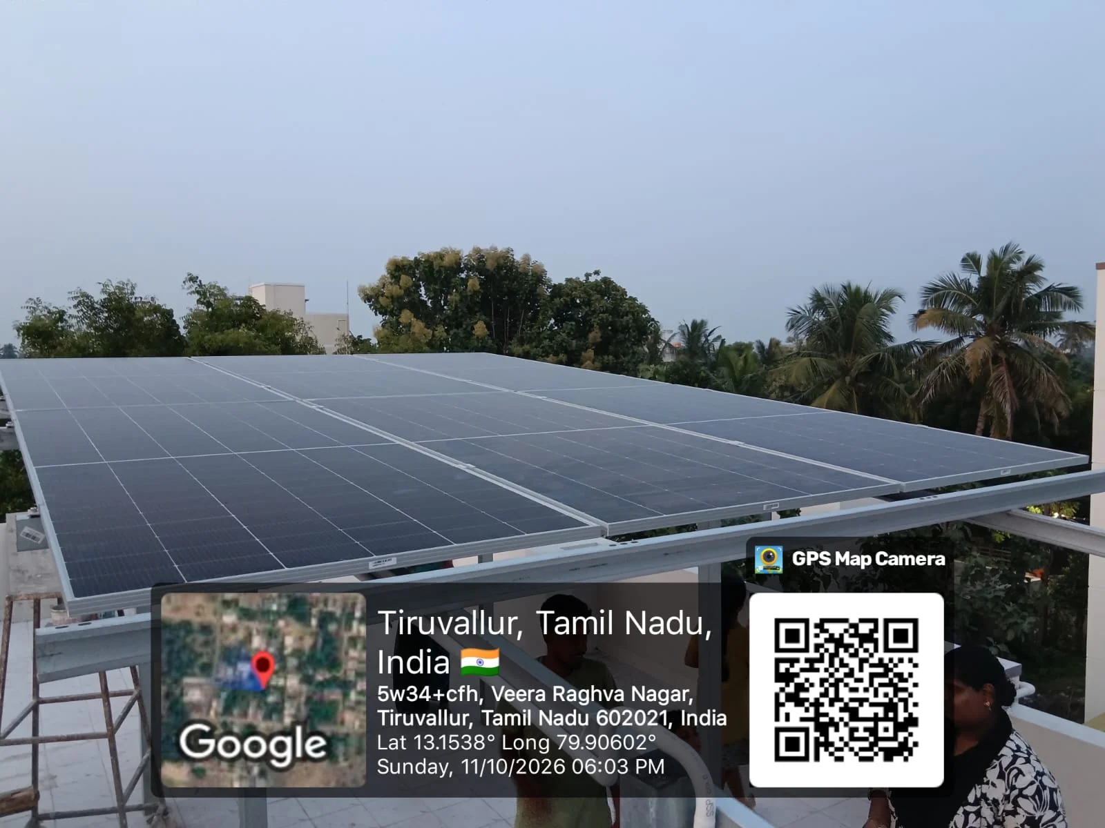 Rooftop solar panel installation at Veera Raghava Nagar, Tiruvallur, Tamil Nadu — elevated terrace solar structure by Gensolar Energy Pvt Ltd, photographed 11 October 2026.