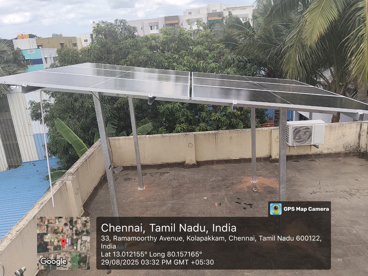 Solar installation for Meera at Ramamoorthy Avenue, Kolapakkam, Chennai — elevated canopy.
