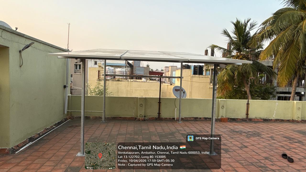 Solar installation at Venkatapuram, Ambattur — elevated terrace solar canopy.
