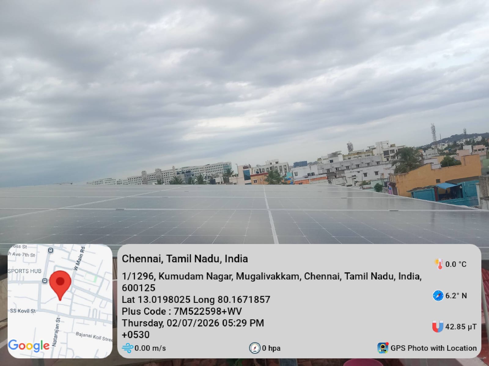 Solar installation at Mugalivakkam, Chennai — large flush-mounted rooftop array.