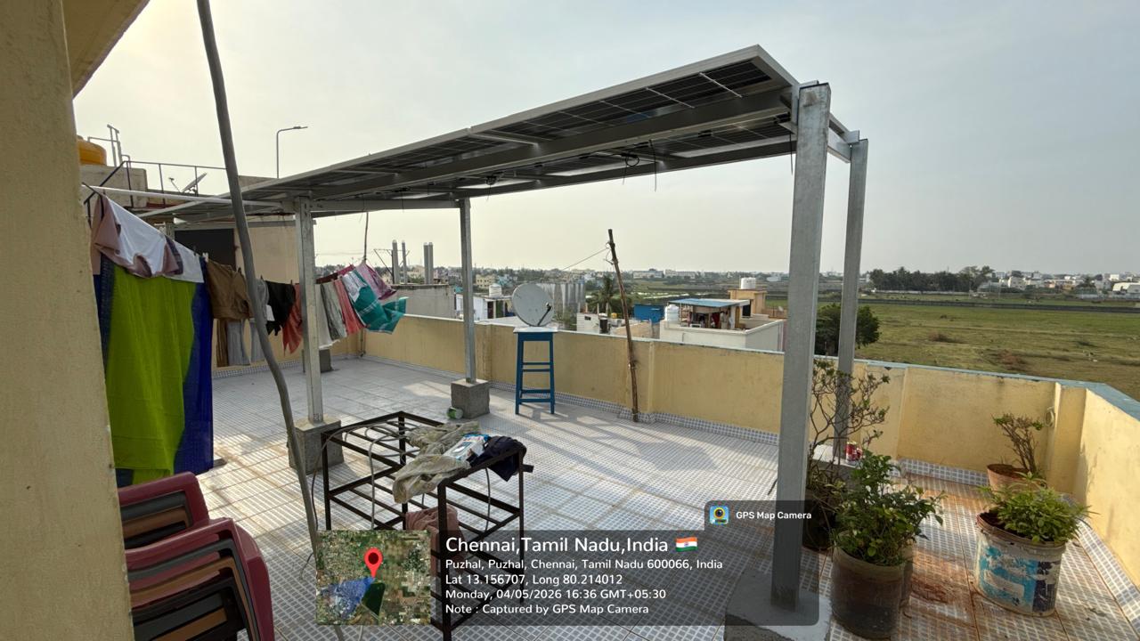 Solar installation at Puzhal, Chennai — compact elevated terrace solar structure.