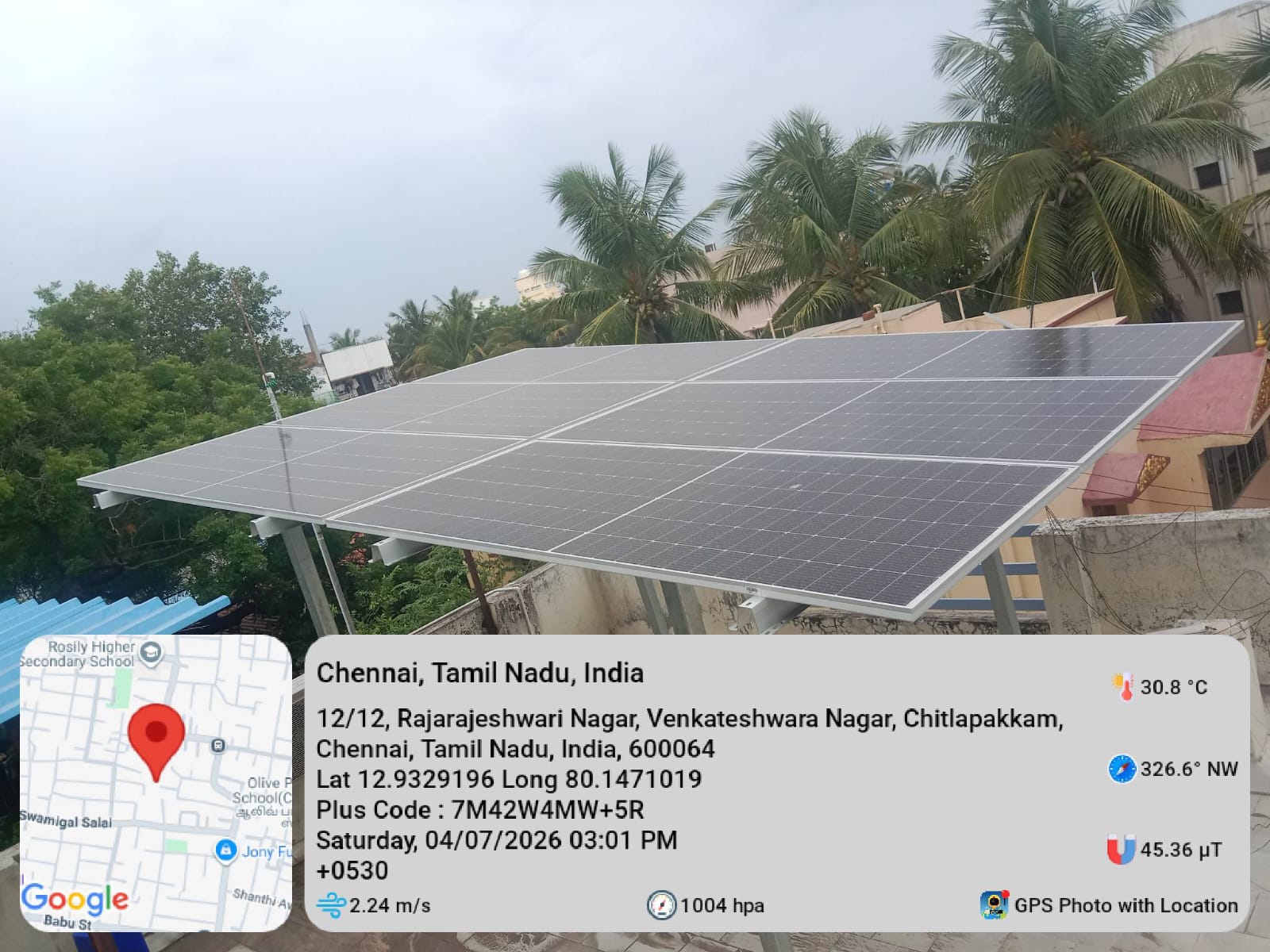 Solar installation at Chitlapakkam, Chennai — tilted rooftop mono PERC array.