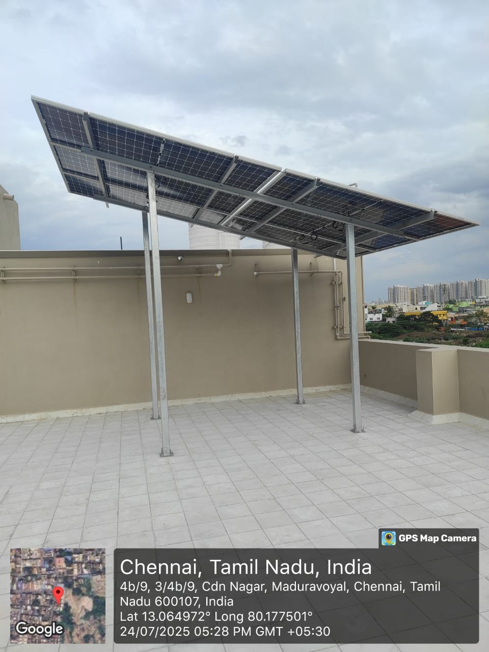 Solar panel installation at Maduravoyal, Chennai, Tamil Nadu — elevated tilt array by Gensolar Energy Pvt Ltd.