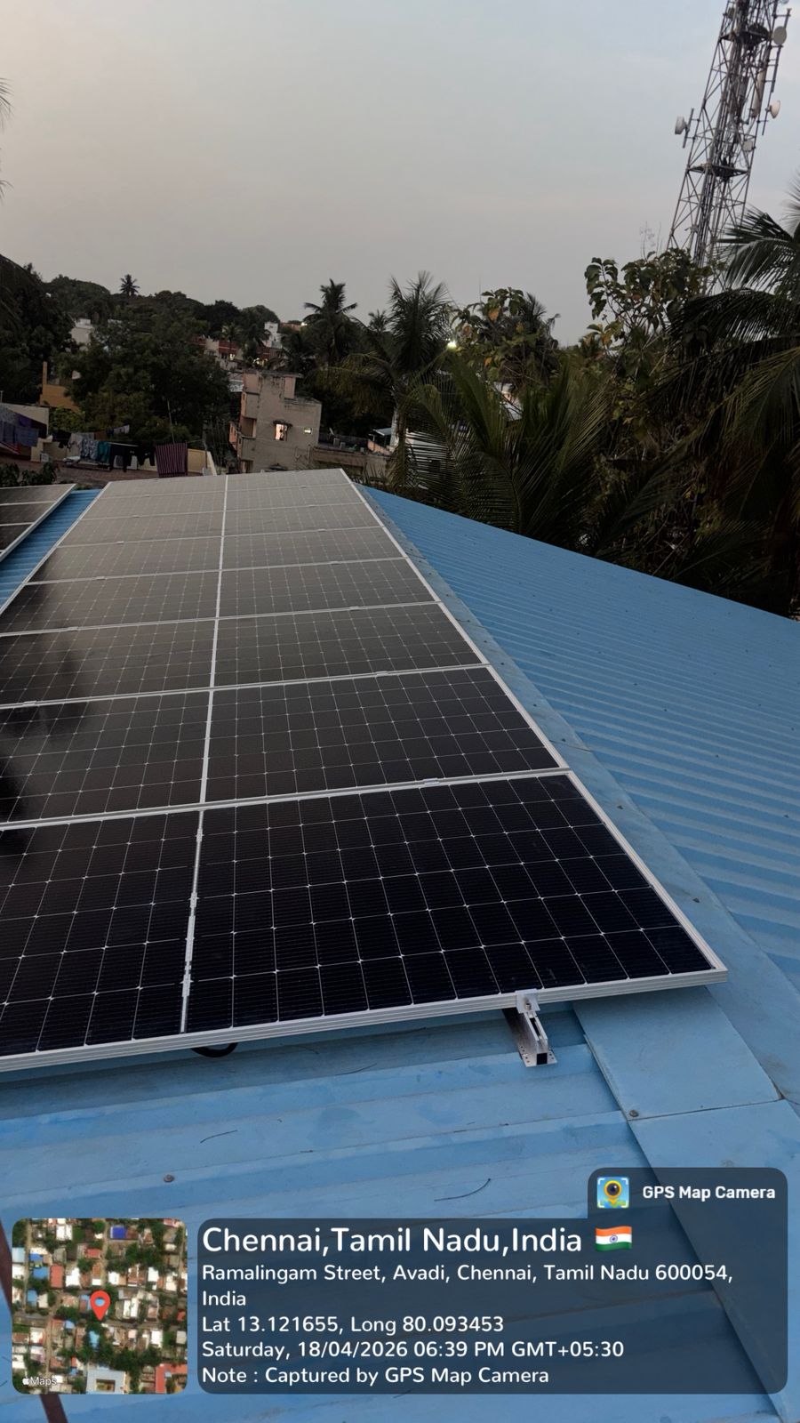 Solar installation at Ramalingam Street, Avadi — flush-mounted array on metal sheet roof.