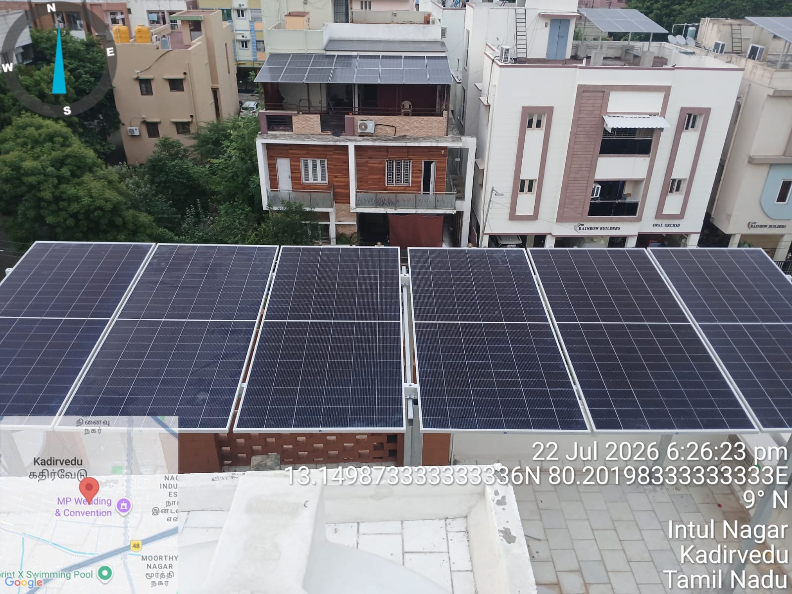 Solar installation at Kadirvedu, Chennai — six-panel north-facing rooftop array.