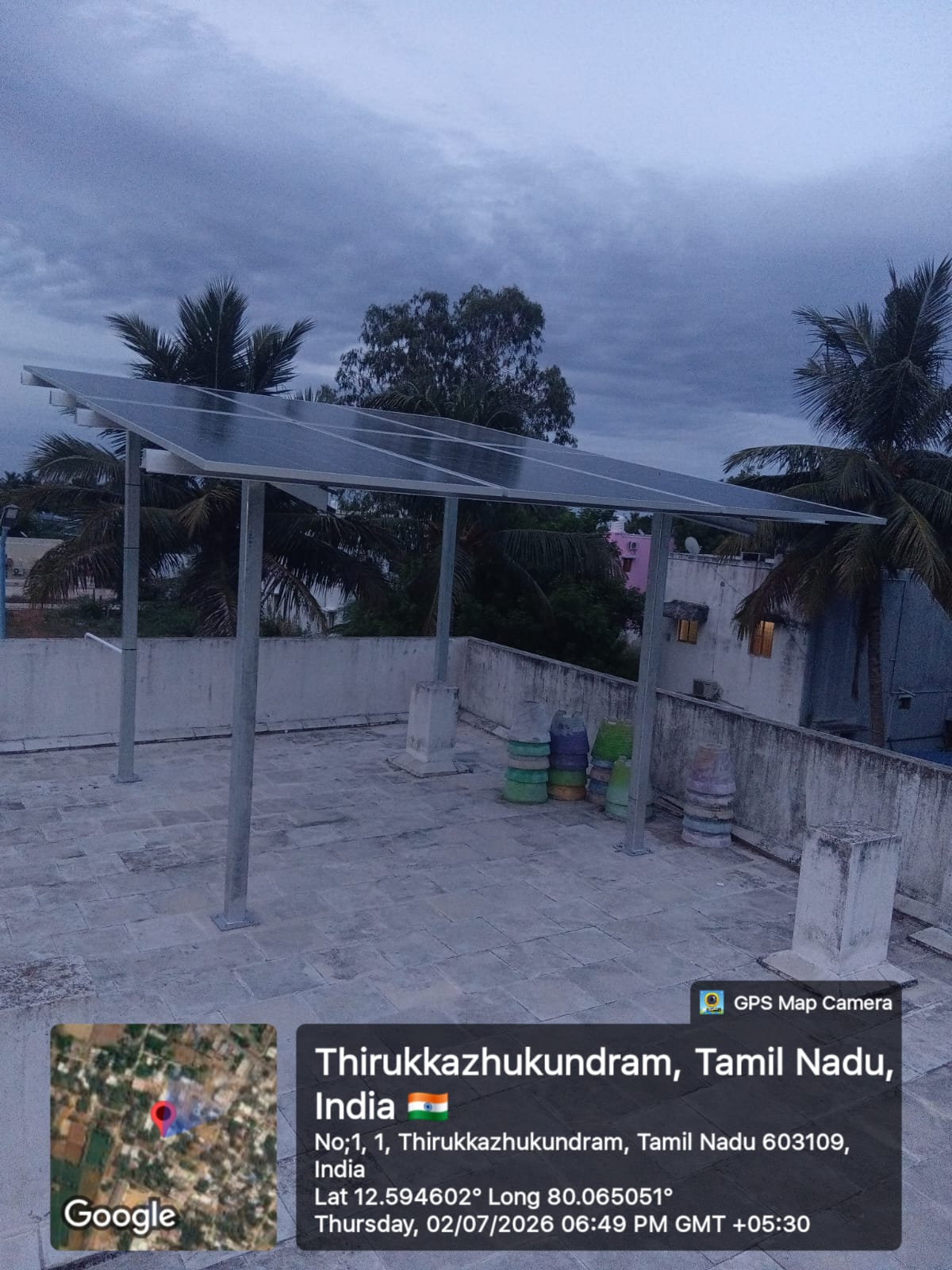 Solar installation at Thirukkazhukundram, Chengalpattu — elevated rooftop structure.