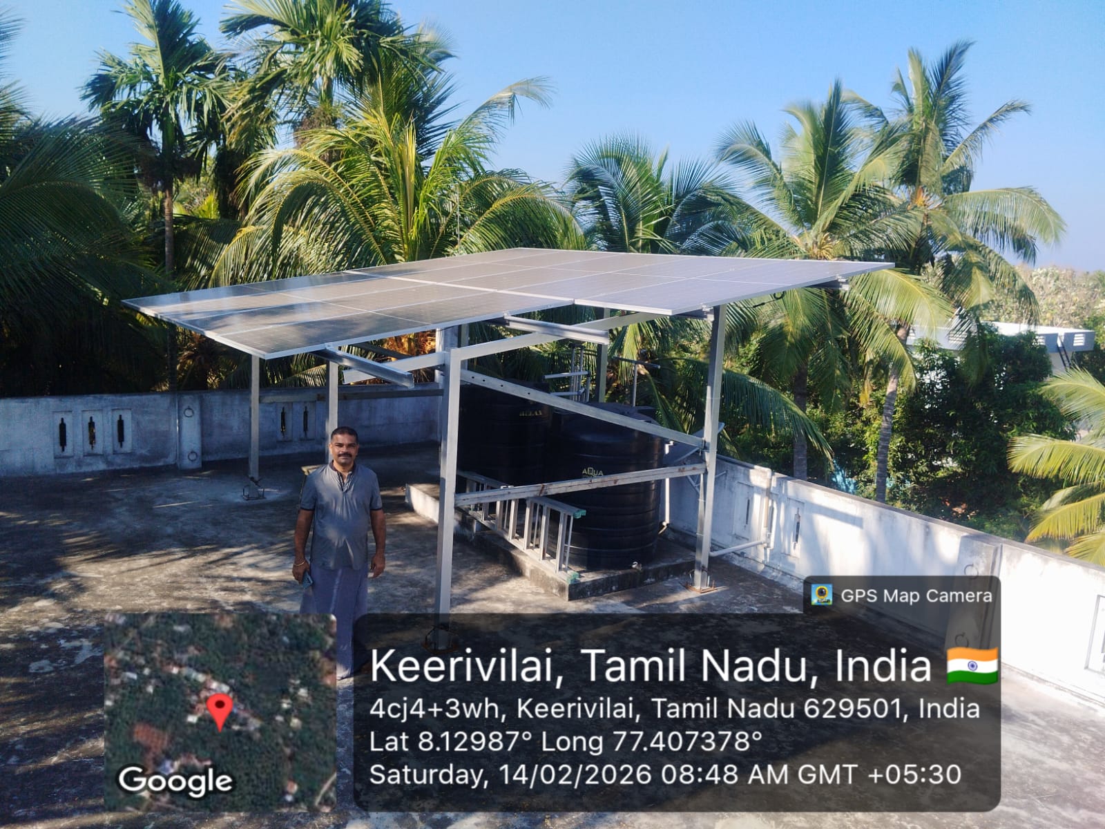 Geo-tagged rooftop solar installation at Keerivilai, Kanyakumari — photographed 14 February 2026.