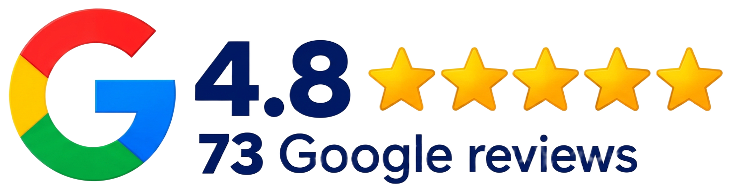 Google rating 4.8 out of 5, based on 73 Google reviews
