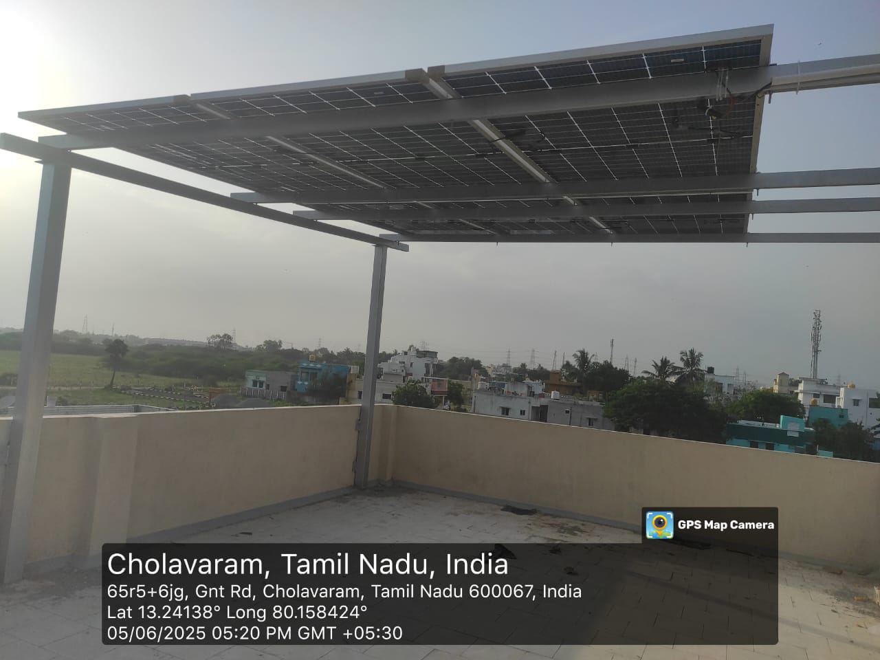 Solar panel installation at Cholavaram, Chennai, Tamil Nadu — elevated terrace structure by Gensolar Energy Pvt Ltd.