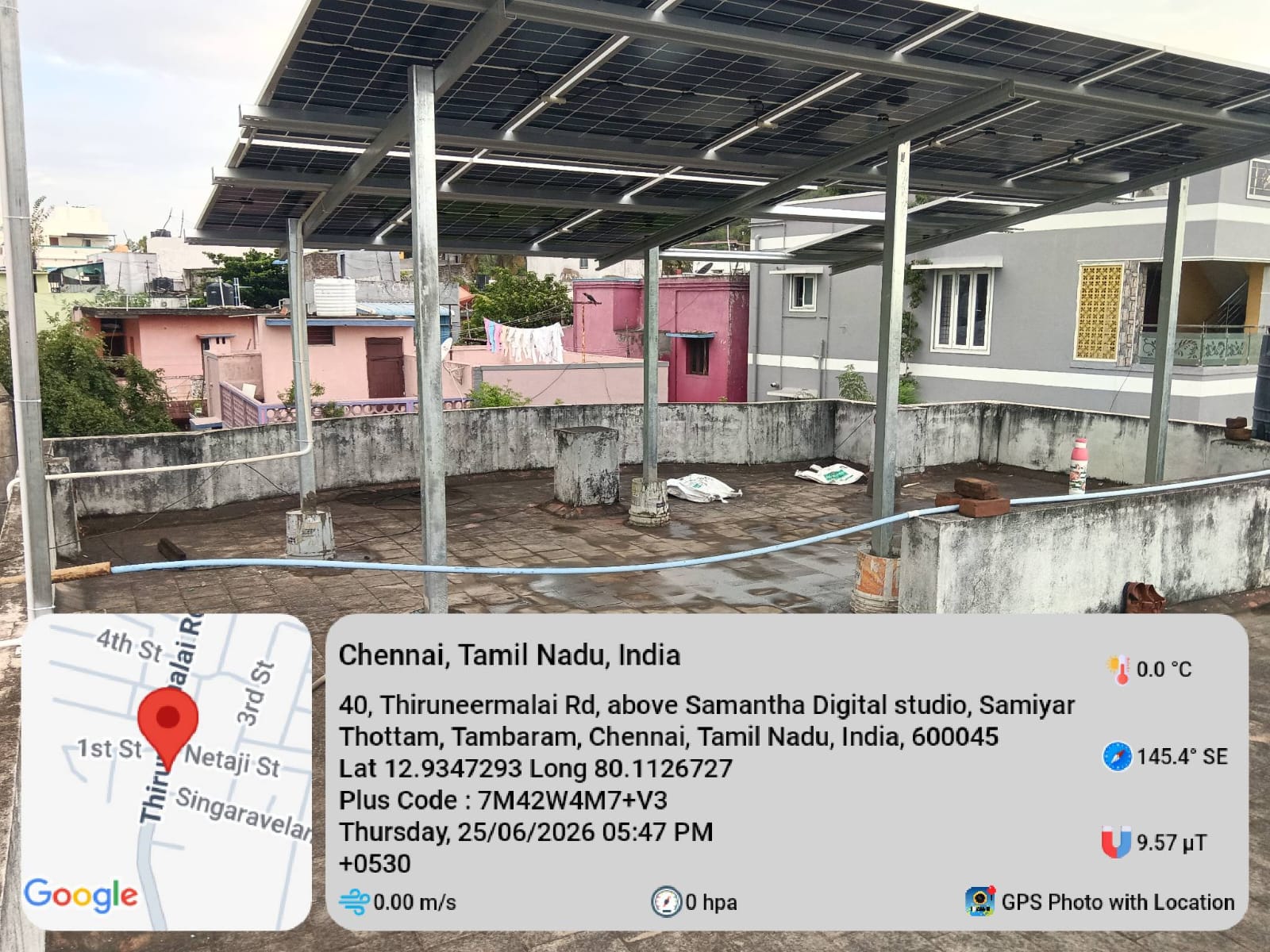 Solar installation at Tambaram, Chennai — full rooftop elevated shed array.