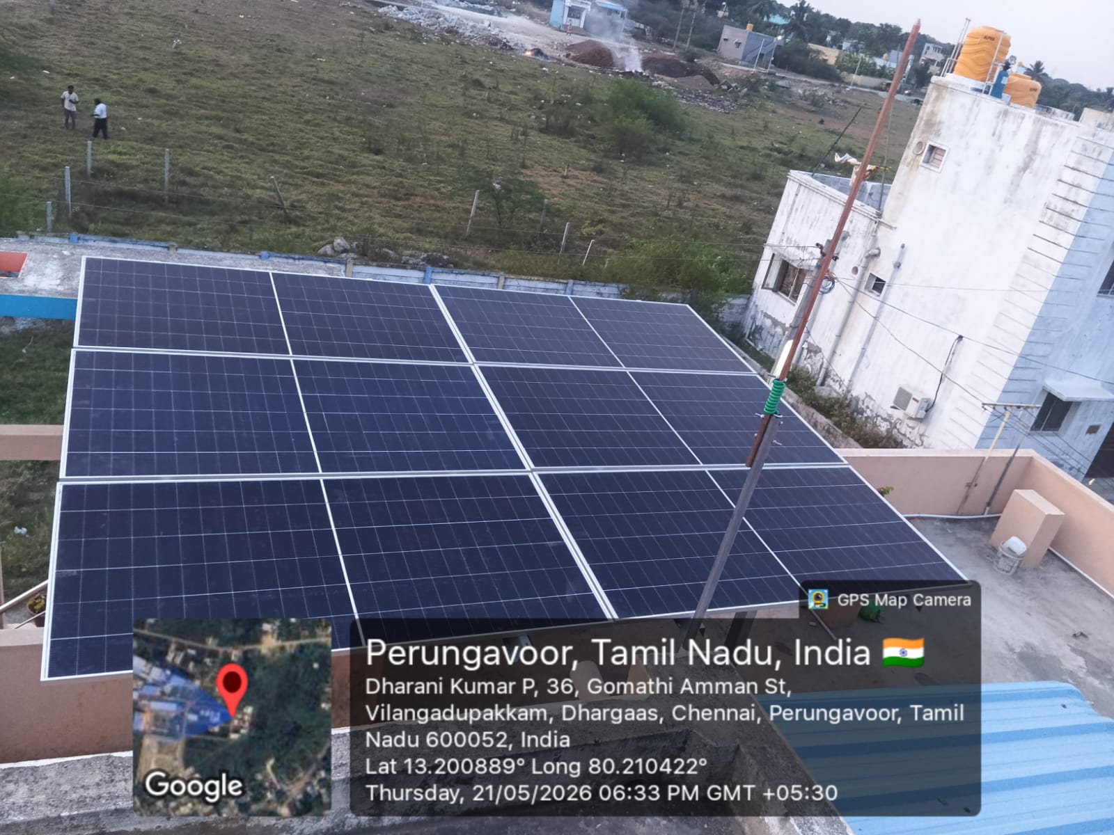 Solar installation at Vilangadupakkam, Perungavoor — twelve-panel tilted rooftop array.