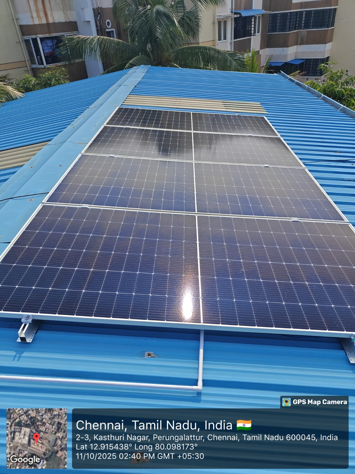 Solar installation for Ponraj at Kasthuri Nagar, Perungalattur, Chennai — sheet roof array.
