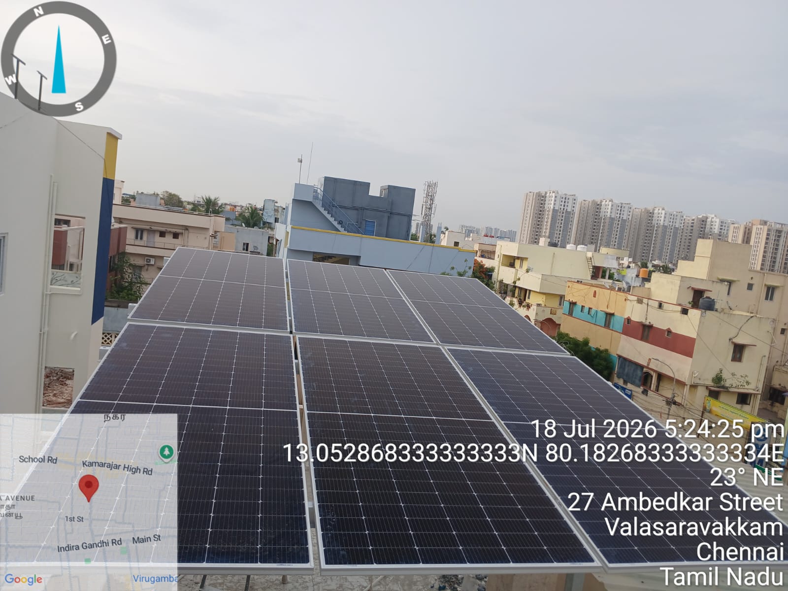 Solar installation at Valasaravakkam, Chennai — nine-panel tilted rooftop array.
