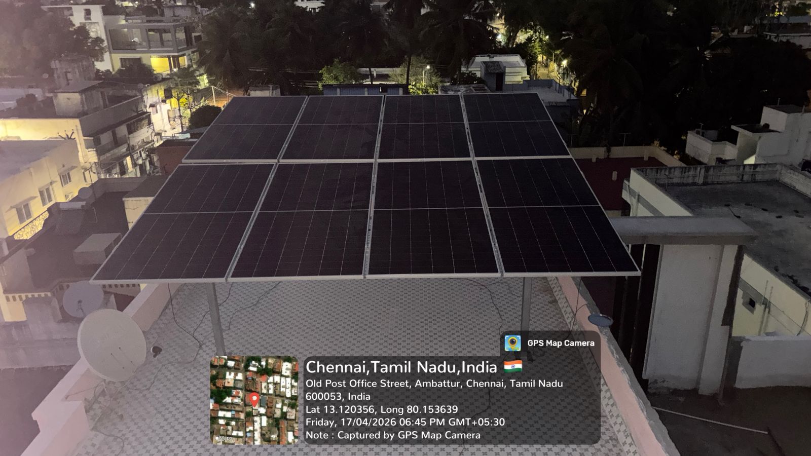 Solar installation at Old Post Office Street, Ambattur — eight-panel elevated rooftop array.