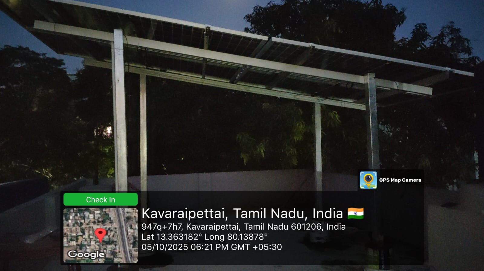 Solar installation for Dilli Babu at Kavaraipettai, Tiruvallur — elevated terrace canopy.