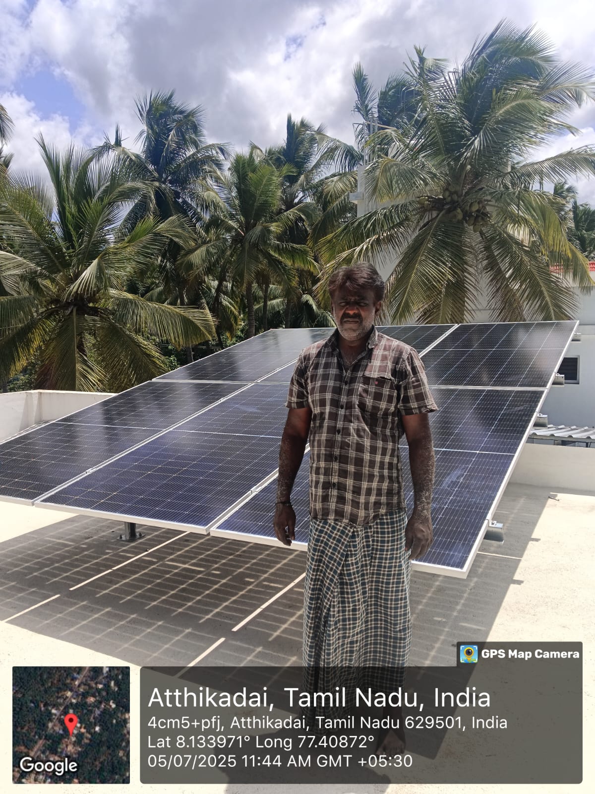 Geo-tagged rooftop solar installation at Atthikadai, Kanyakumari — photographed 5 July 2026.