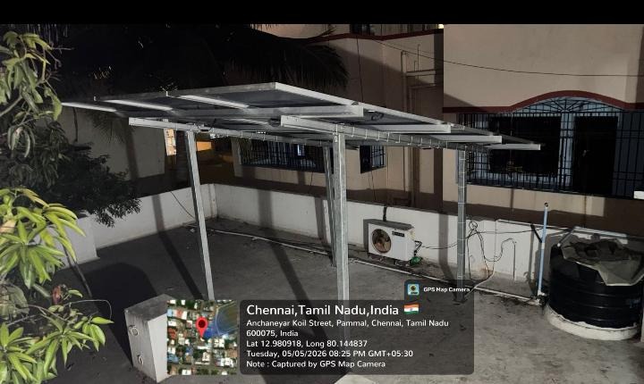 Solar installation at Anchaneyar Koil Street, Pammal — elevated courtyard solar structure.