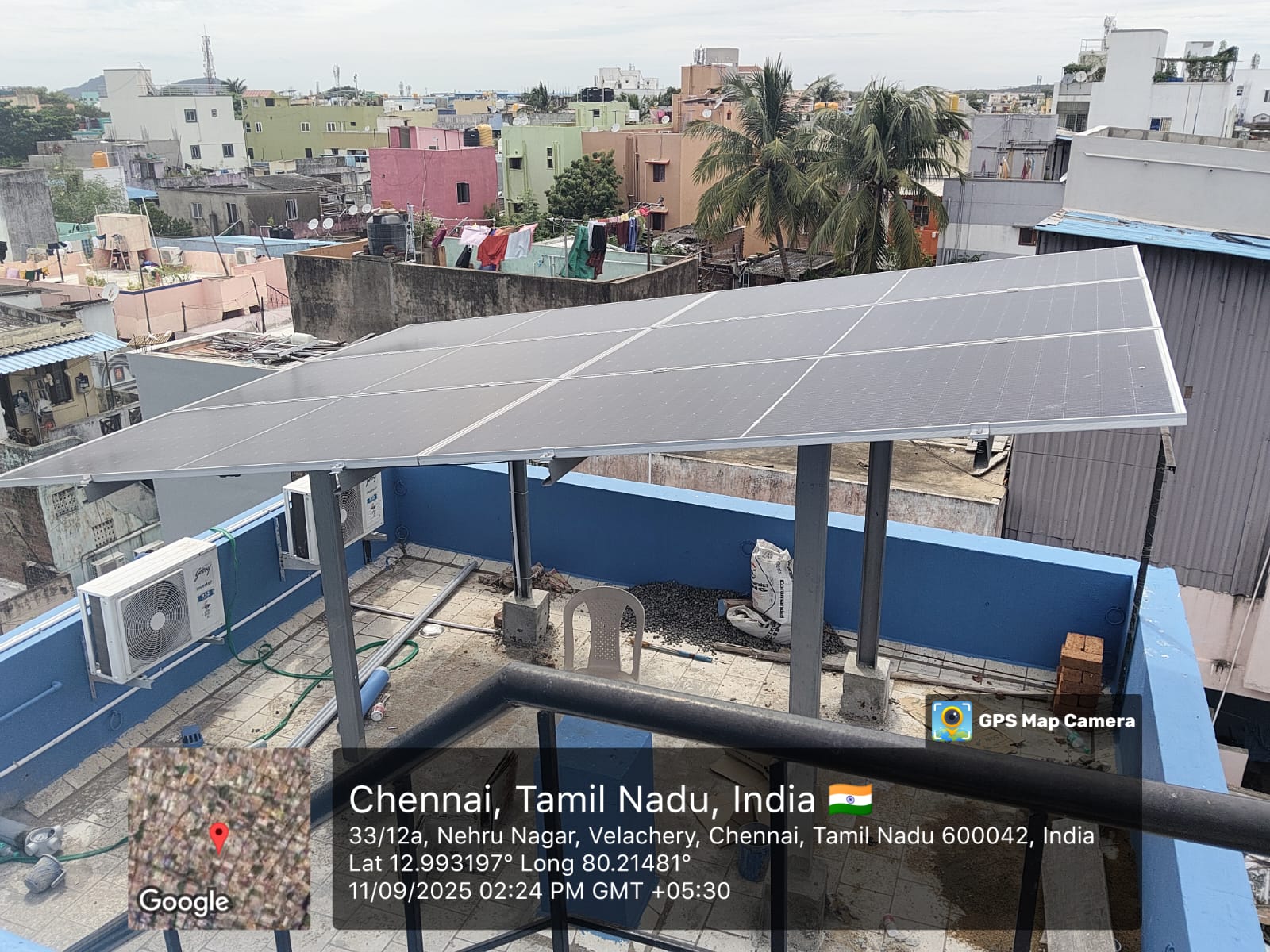 Solar panel installation at Velachery, Chennai, Tamil Nadu — elevated terrace structure by Gensolar Energy Pvt Ltd.