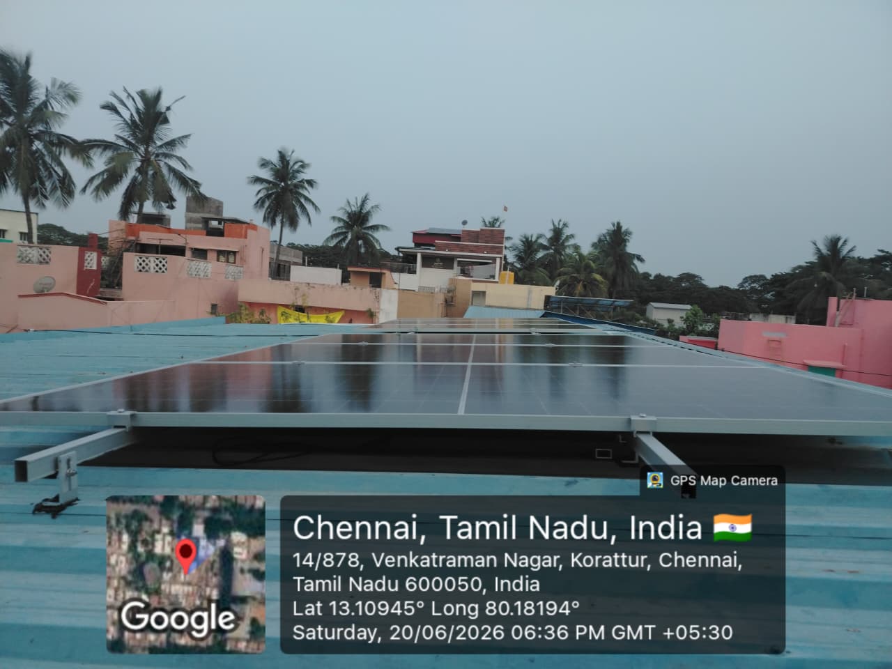 Solar installation at Korattur, Chennai — flush-mounted array on sheet roof.