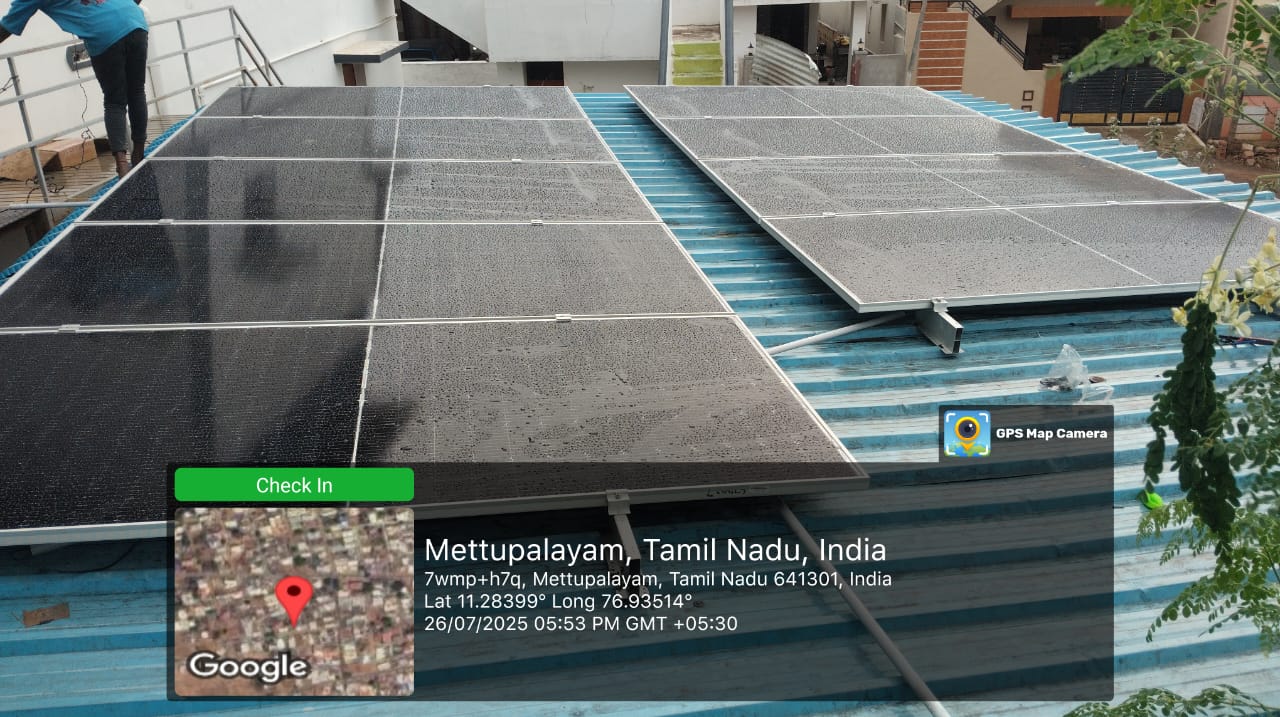 Solar installation for Gunasekaran at Mettupalayam, Coimbatore — sheet roof array.