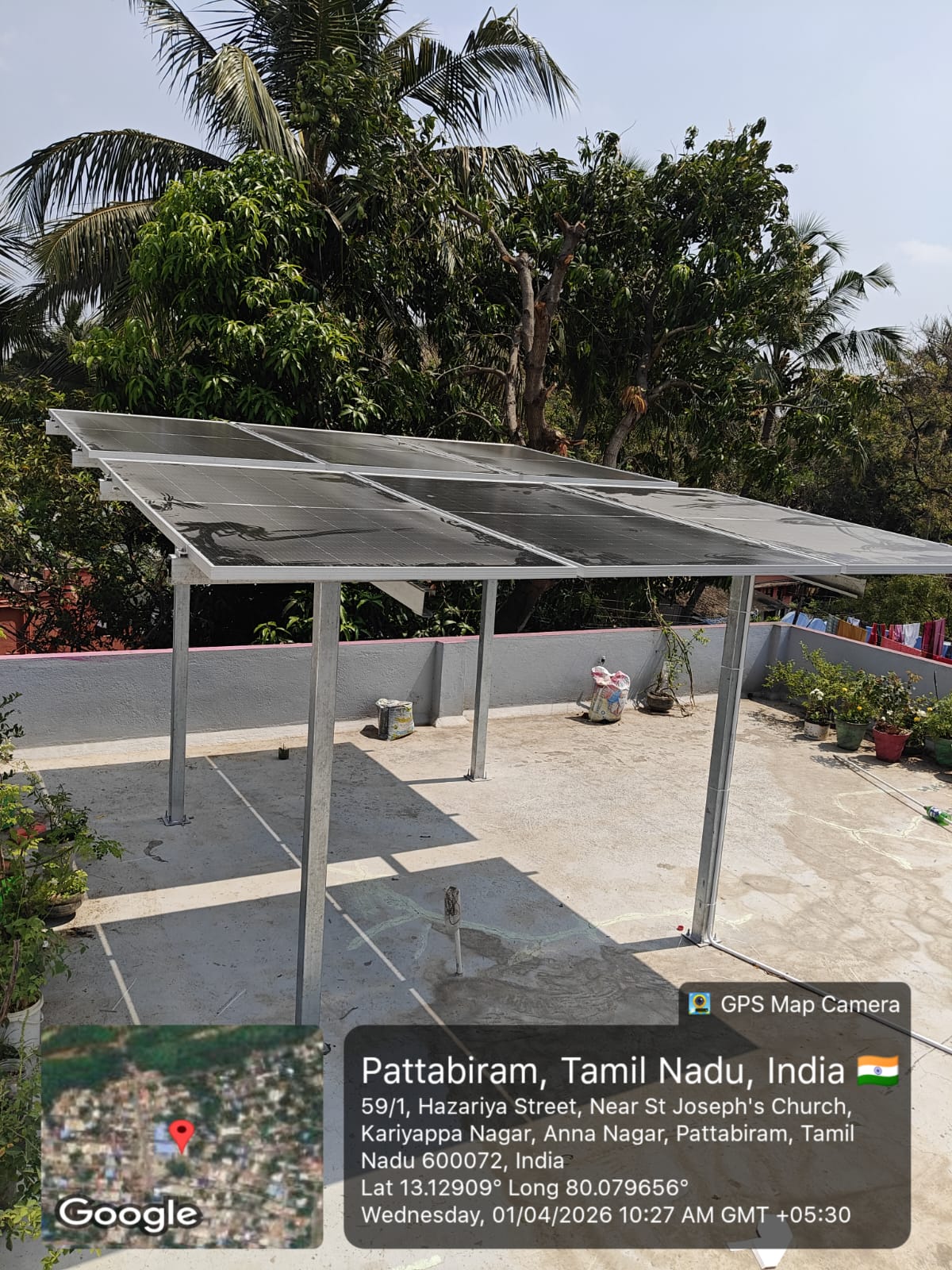 Solar installation at Kariyappa Nagar, Pattabiram — six-panel elevated terrace canopy.