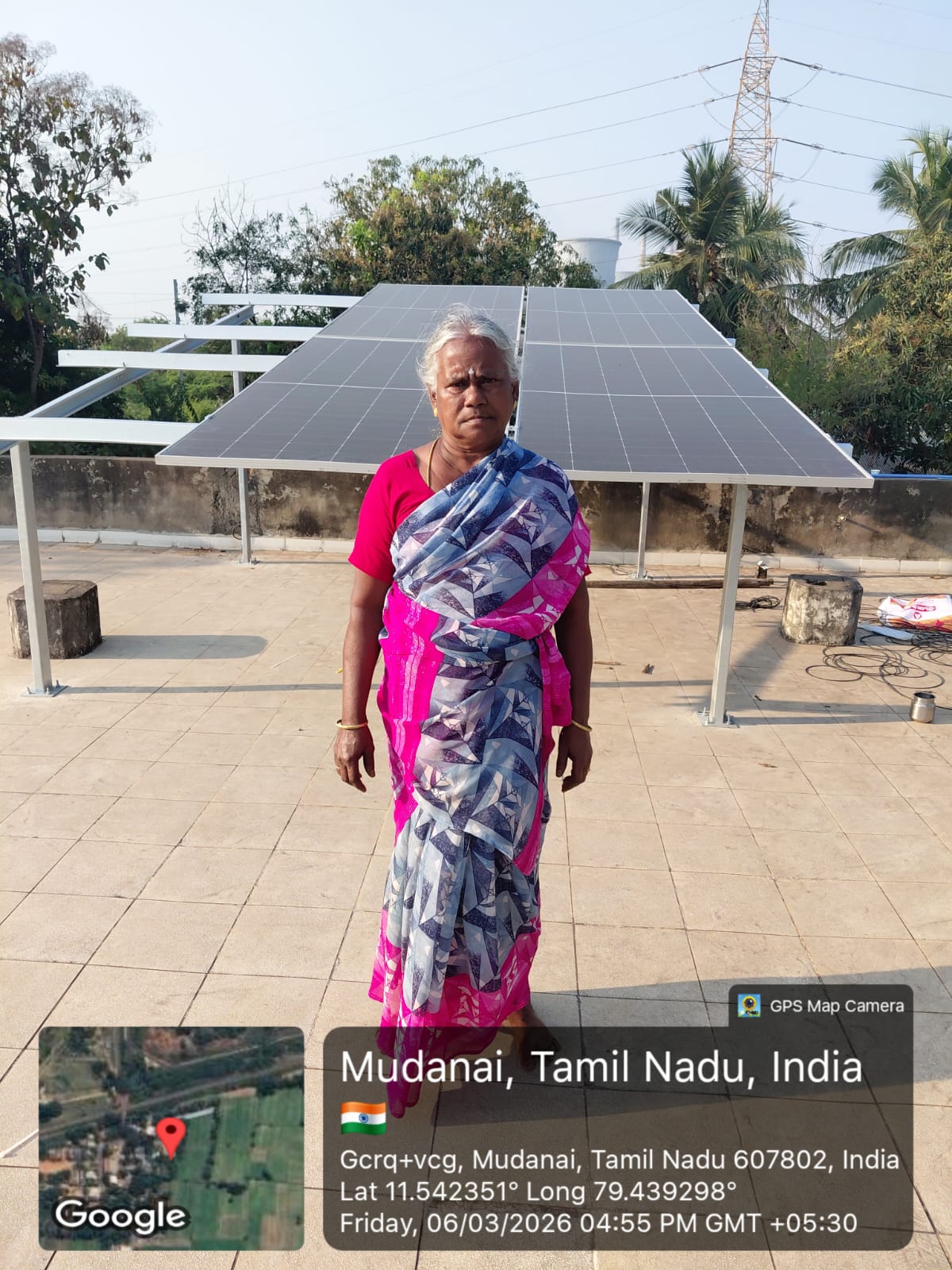 Geo-tagged rooftop solar installation at Mudanai, Cuddalore — photographed 6 March 2026.
