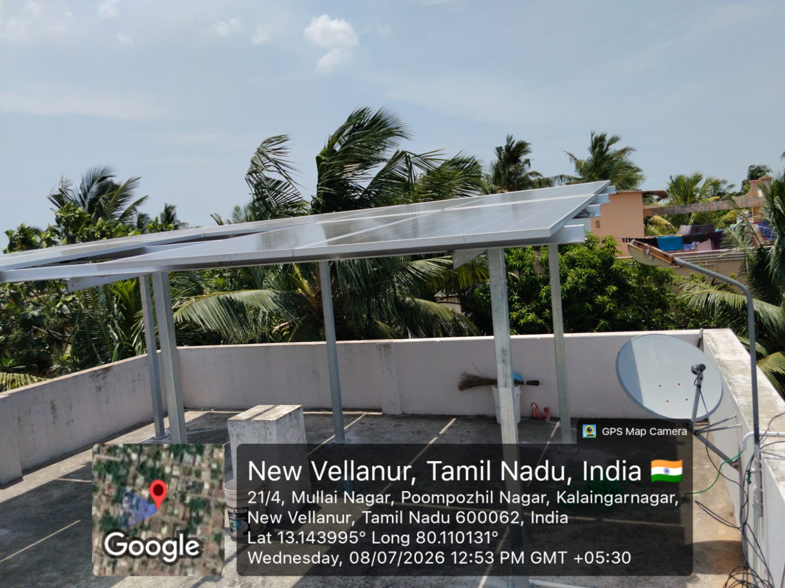 Solar installation at New Vellanur, Avadi — south-facing tilted rooftop array.