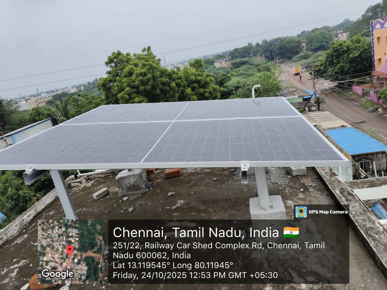 Solar panel installation at Thirumullaivoyal, Chennai, Tamil Nadu — elevated rooftop array by Gensolar Energy Pvt Ltd.