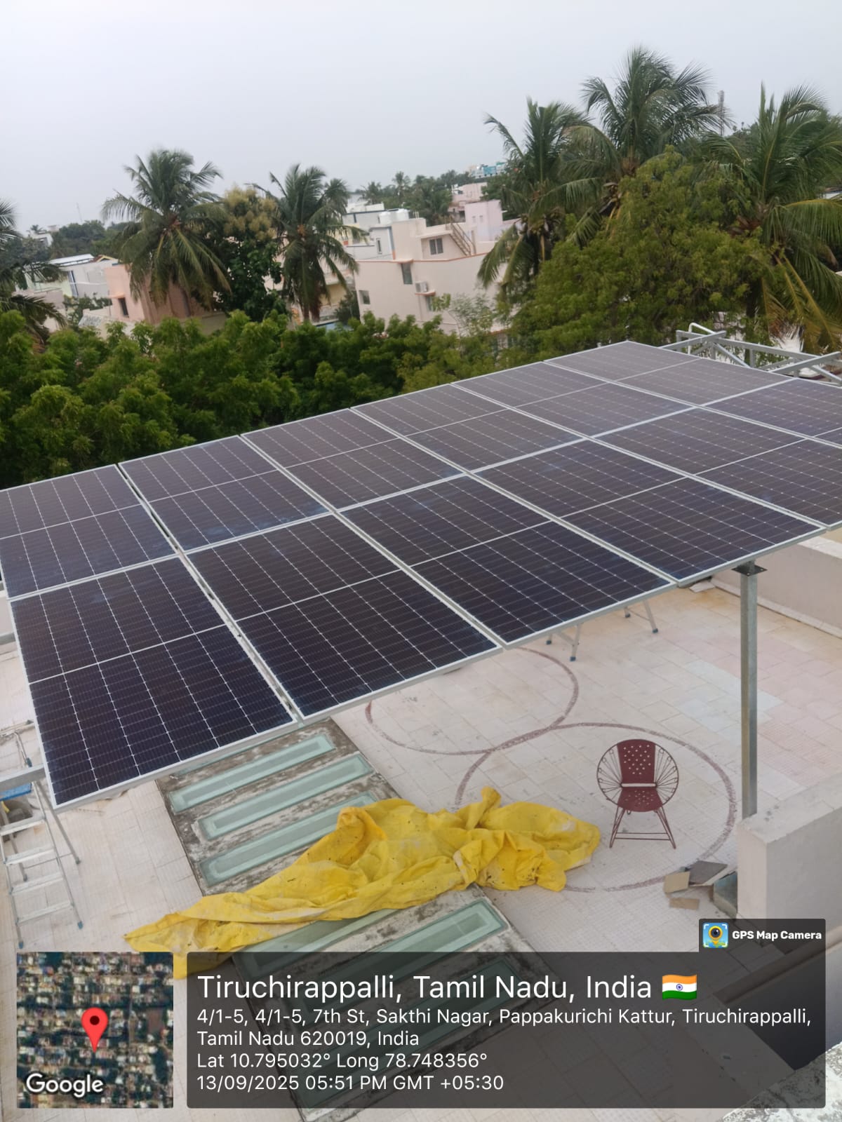 Solar panel installation at Pappakurichi Kattur, Tiruchirappalli, Tamil Nadu — large tilt-mounted rooftop array by Gensolar Energy Pvt Ltd.