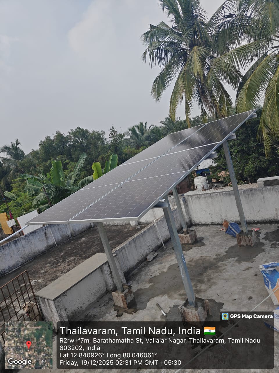 Solar panel installation at Thailavaram, Chengalpattu — tilted terrace array on galvanised structure.