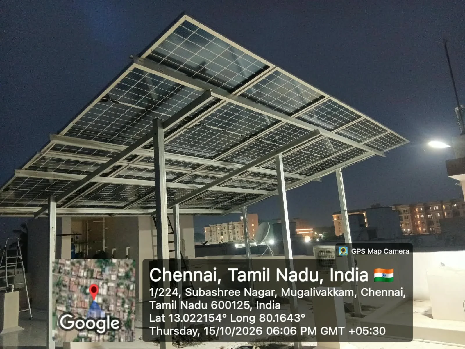 Solar installation at Mugalivakkam, Chennai — Residential rooftop · Elevated structure