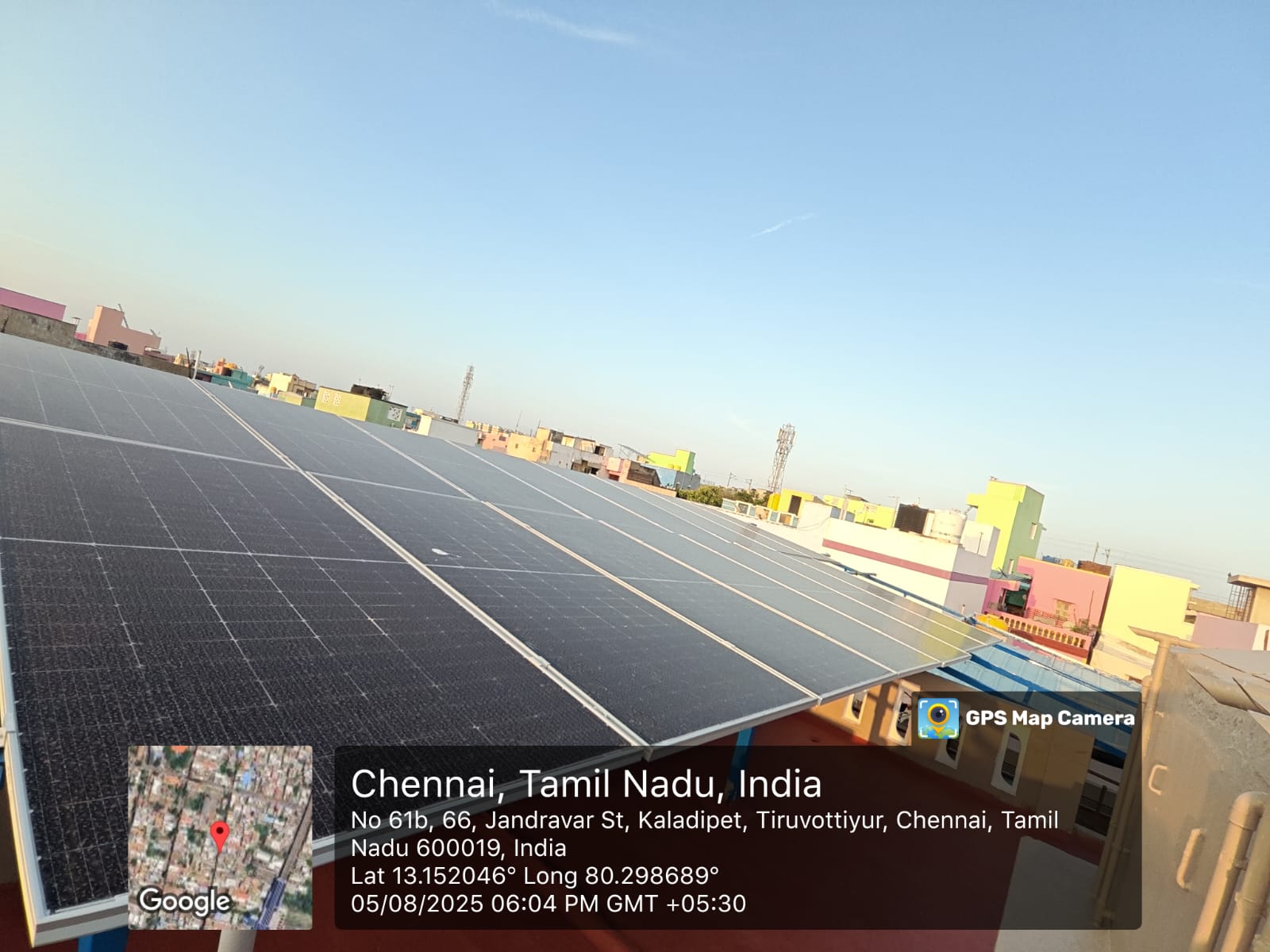 Solar installation for Ravikumar at Kaladipet, Tiruvottiyur, Chennai — full-terrace array.