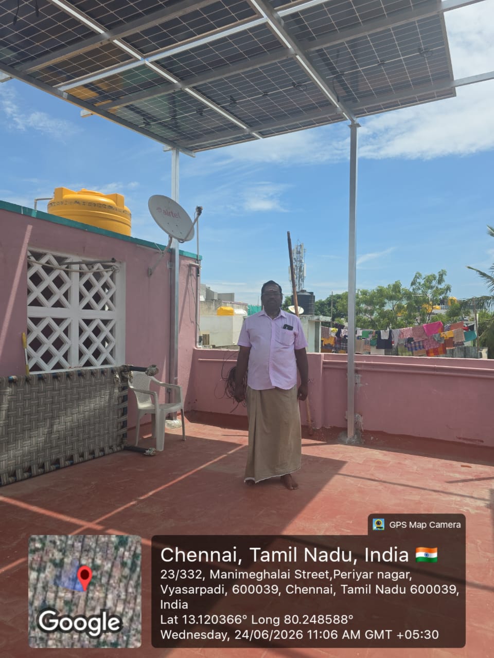 Solar installation at Periyar Nagar, Vyasarpadi — elevated terrace solar canopy.