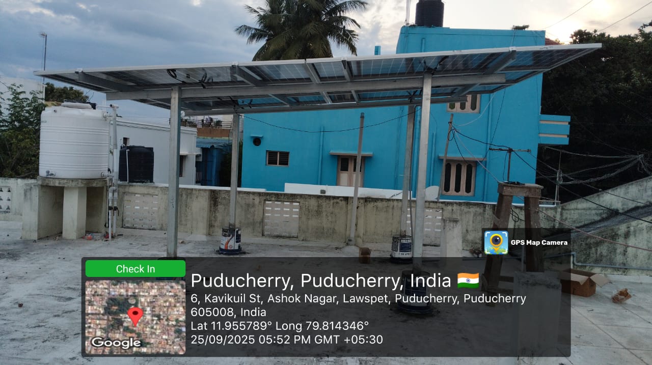 Solar installation for Ramalingam at Ashok Nagar, Lawspet, Puducherry — elevated canopy.