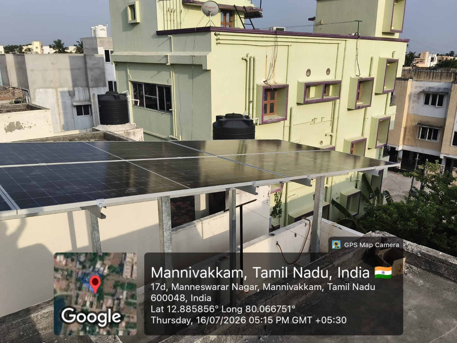 Solar installation at Mannivakkam, Chennai — flush terrace-mounted array.