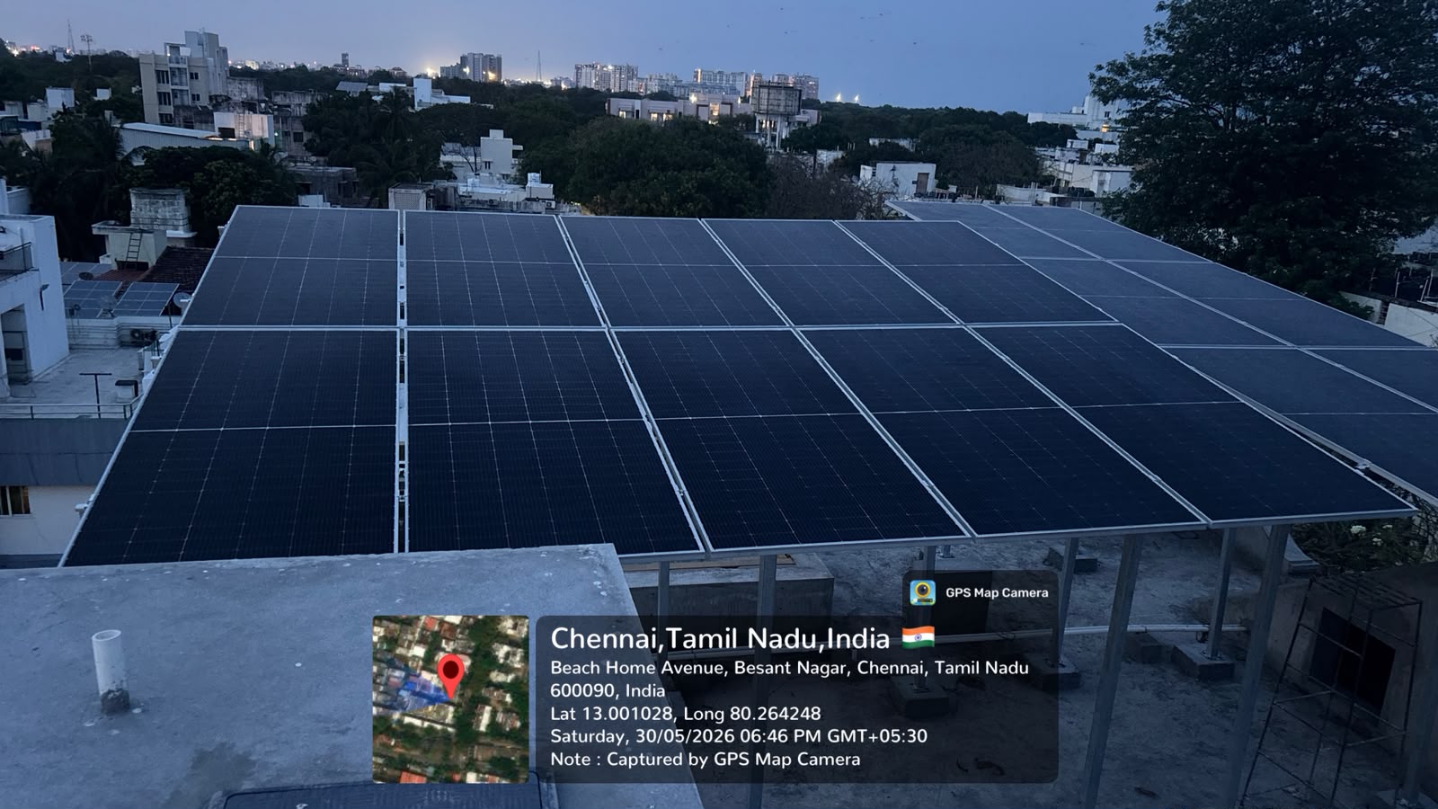 Solar installation at Beach Home Avenue, Besant Nagar — large high-capacity rooftop array.