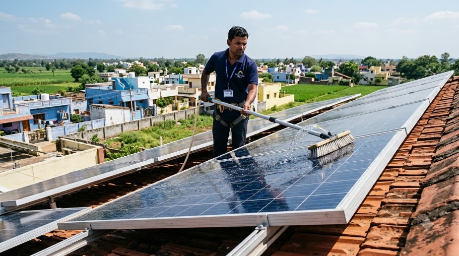 Gensolar technician cleaning solar panels under an annual maintenance contract