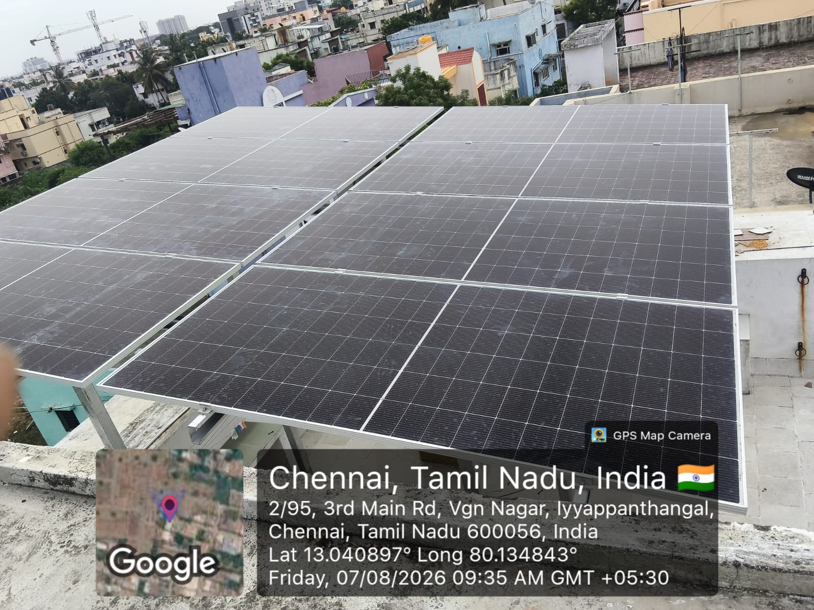 Geo-tagged rooftop solar array at VGN Nagar, Iyyappanthangal, Chennai — photographed 7 August 2026.