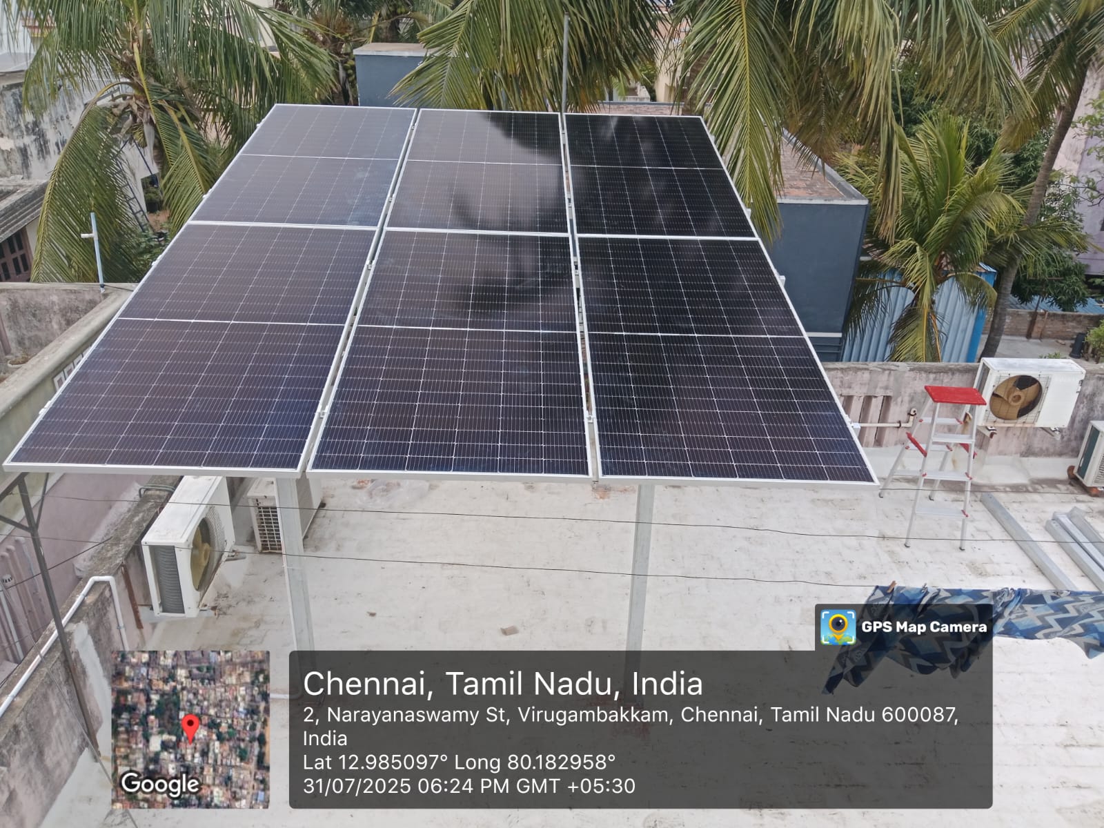 Solar installation for P S Geetha at Narayanaswamy Street, Virugambakkam, Chennai — elevated terrace array.