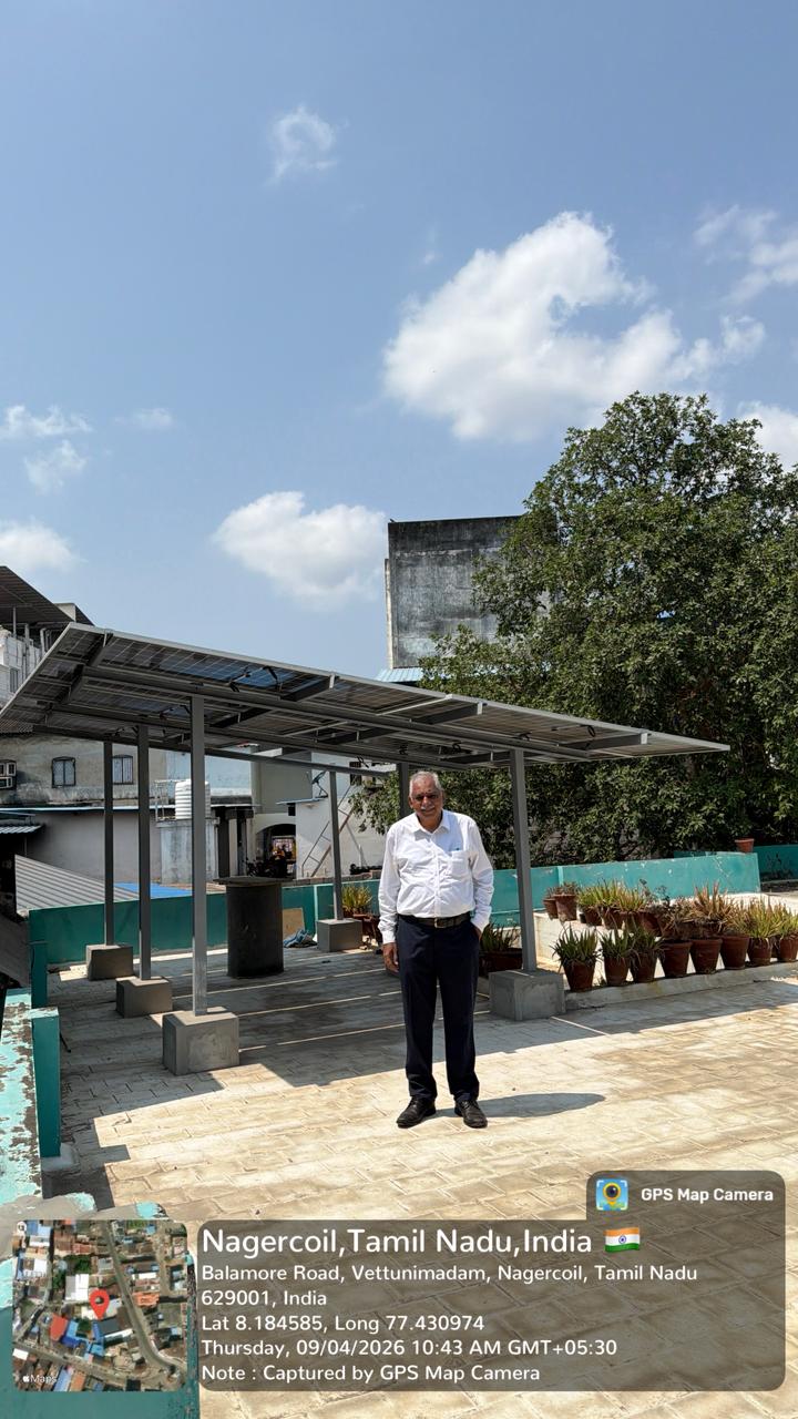 Geo-tagged rooftop solar installation at Balamore Road, Vettunimadam, Nagercoil — photographed 9 April 2026.